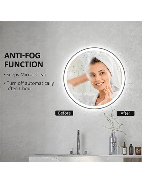 kleankin Round Bathroom Mirror with LED Lights, Wall Mount Dimmable Makeup Mirror with 3 Temperature Colours, Defogging Film and