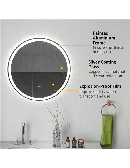 kleankin Round Bathroom Mirror with LED Lights, Wall Mount Dimmable Makeup Mirror with 3 Temperature Colours, Defogging Film and