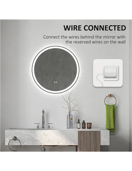 kleankin Round Bathroom Mirror with LED Lights, Wall Mount Dimmable Makeup Mirror with 3 Temperature Colours, Defogging Film and