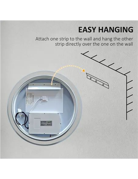 kleankin Round Bathroom Mirror with LED Lights, Wall Mount Dimmable Makeup Mirror with 3 Temperature Colours, Defogging Film and