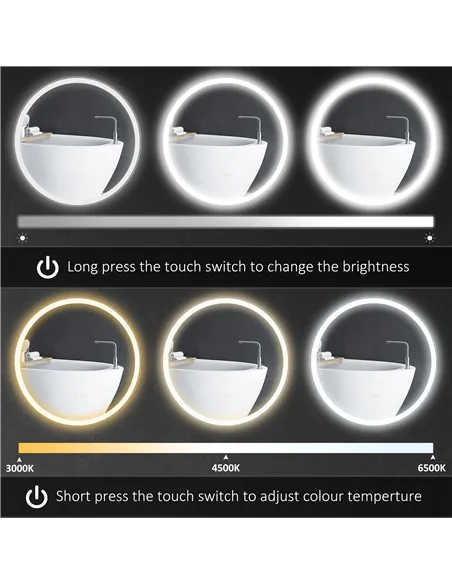 kleankin Round Bathroom Mirror with LED Lights, Wall Mount Dimmable Makeup Mirror with 3 Temperature Colours, Defogging Film and