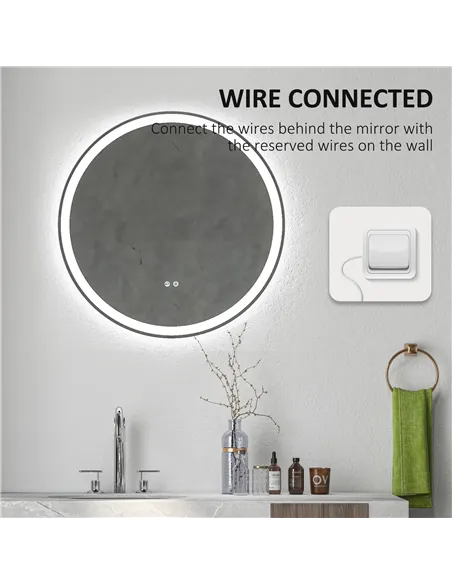 kleankin Round Bathroom Mirror with LED Lights, Wall Mount Dimmable Makeup Mirror with 3 Temperature Colours, Defogging Film and