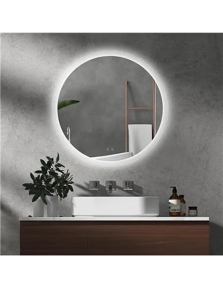 kleankin Round Bathroom Mirror with LED Lights, Wall-Mounted Dimmable Makeup Mirror with 3 Temperature Colours, Defogging Film, 