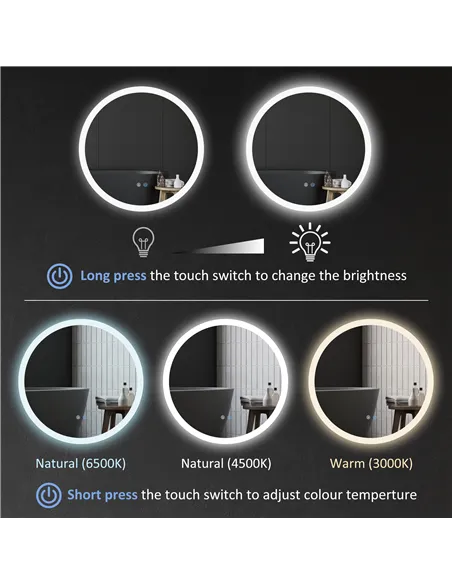 kleankin Round Bathroom Mirror with LED Lights, Wall-Mounted Dimmable Makeup Mirror with 3 Temperature Colours, Defogging Film, 