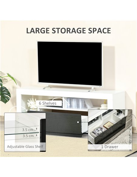 HOMCOM TV Unit, LED TV Stand Cabinet, High Gloss TV Table with Lights and Storage Shelf for 55 inch TVs for Living Room, Bedroom