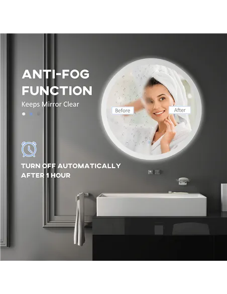 kleankin Round Bathroom Mirror with LED Lights, Wall-Mounted Dimmable Makeup Mirror with 3 Temperature Colours, Defogging Film, 