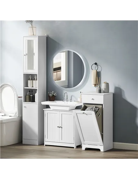 kleankin Round Bathroom Mirror with LED Lights, Wall-Mounted Dimmable Makeup Mirror with 3 Temperature Colours, Defogging Film, 