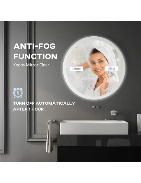 kleankin Round Bathroom Mirror with LED Lights, Wall-Mounted Dimmable Makeup Mirror with 3 Temperature Colours, Defogging Film, 