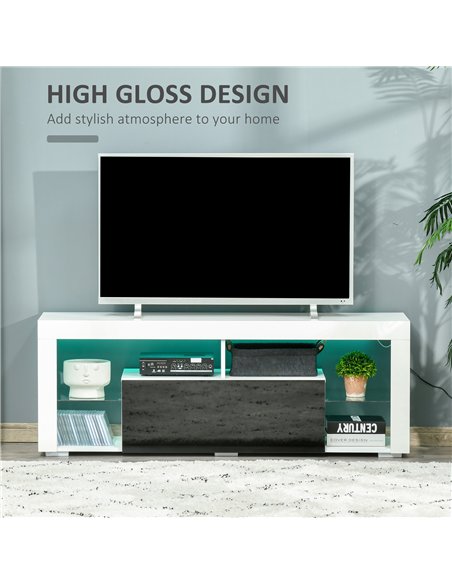 HOMCOM TV Unit, LED TV Stand Cabinet, High Gloss TV Table with Lights and Storage Shelf for 55 inch TVs for Living Room, Bedroom