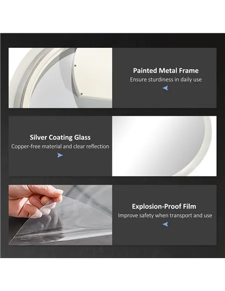 kleankin Round Bathroom Mirror with LED Lights, Wall-Mounted Dimmable Makeup Mirror with 3 Temperature Colours, Defogging Film, 