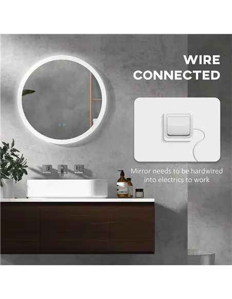 kleankin Round Bathroom Mirror with LED Lights, Wall-Mounted Dimmable Makeup Mirror with 3 Temperature Colours, Defogging Film, 