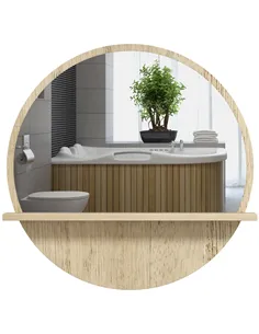 kleankin 45cm Round Home Mirror, with Shelf - Natural Wood Effect