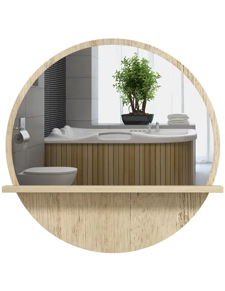 kleankin 45cm Round Home Mirror, with Shelf - Natural Wood Effect