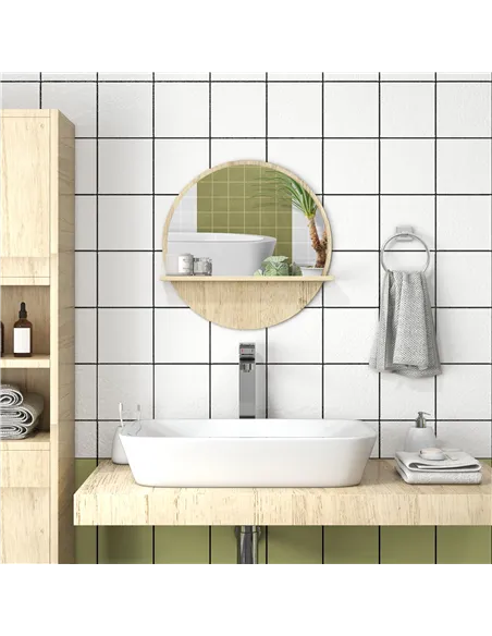 kleankin 45cm Round Home Mirror, with Shelf - Natural Wood Effect