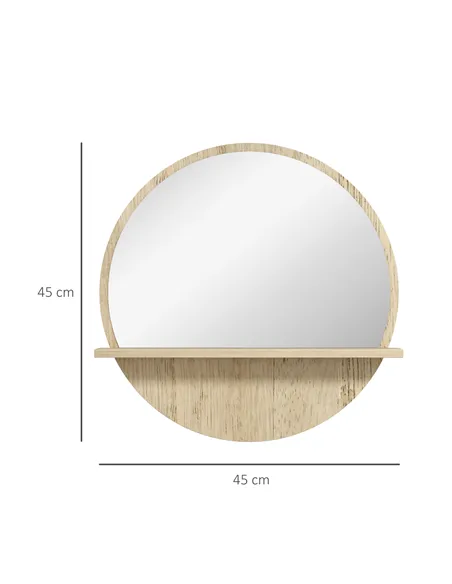 kleankin 45cm Round Home Mirror, with Shelf - Natural Wood Effect