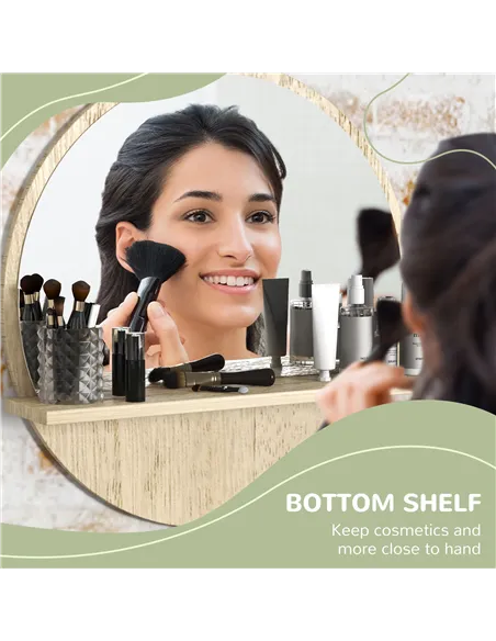 kleankin 45cm Round Home Mirror, with Shelf - Natural Wood Effect