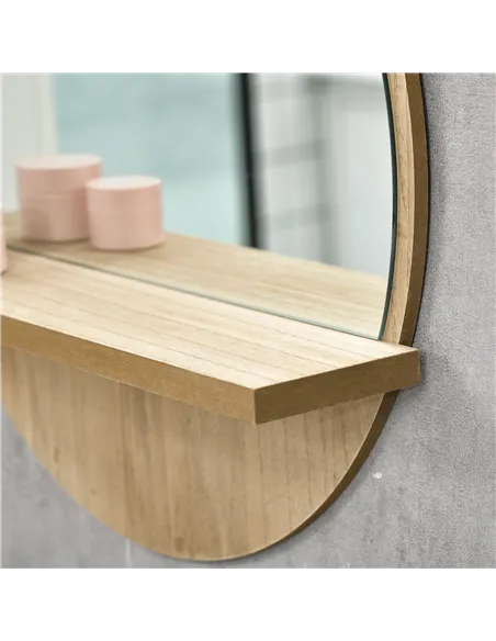 kleankin 45cm Round Home Mirror, with Shelf - Natural Wood Effect