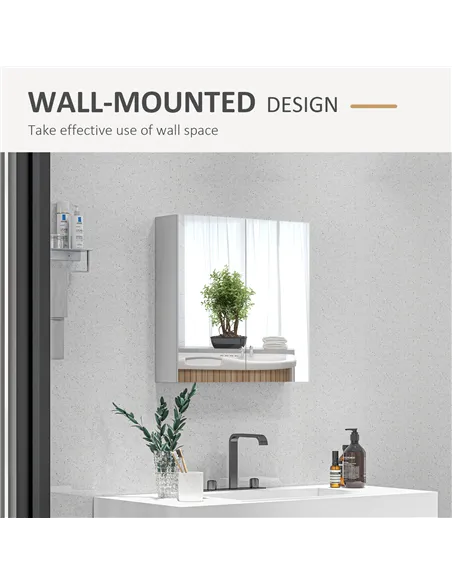 kleankin Bathroom Mirror Cabinet, Wall Mounted Bathroom Storage Cupboard with Adjustable Shelf, 60W x 15D x 60Hcm, High Gloss Wh