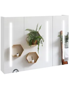 kleankin Bathroom Mirror Cabinet with Light, Bathroom Storage Cupboard with USB Charge, Adjustable Shelf, 90x15x70cm, White