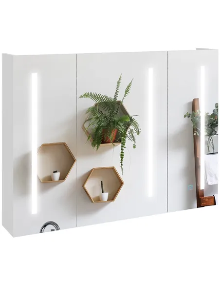 kleankin Bathroom Mirror Cabinet with Light, Bathroom Storage Cupboard with USB Charge, Adjustable Shelf, 90x15x70cm, White