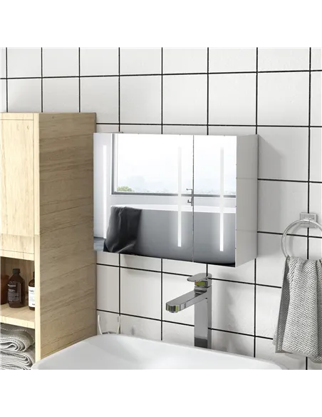 kleankin Bathroom Mirror Cabinet with Light, Bathroom Storage Cupboard with USB Charge, Adjustable Shelf, 90x15x70cm, White