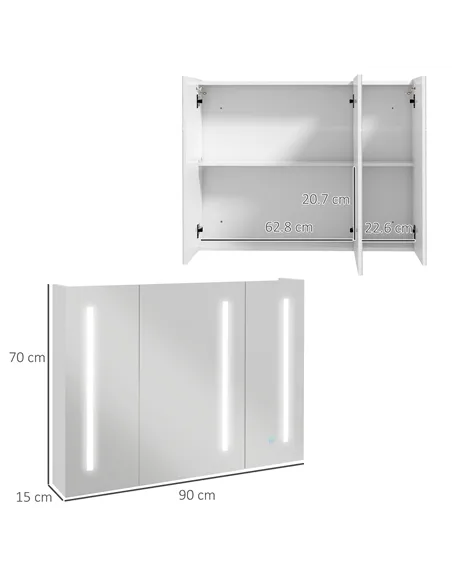 kleankin Bathroom Mirror Cabinet with Light, Bathroom Storage Cupboard with USB Charge, Adjustable Shelf, 90x15x70cm, White