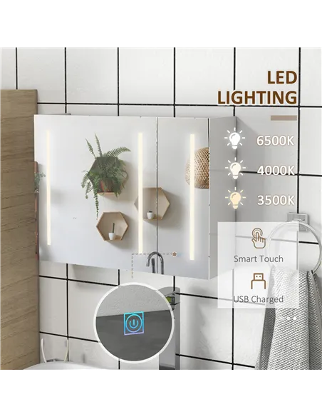 kleankin Bathroom Mirror Cabinet with Light, Bathroom Storage Cupboard with USB Charge, Adjustable Shelf, 90x15x70cm, White