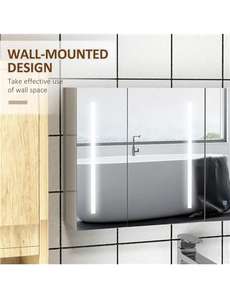 kleankin Bathroom Mirror Cabinet with Light, Bathroom Storage Cupboard with USB Charge, Adjustable Shelf, 90x15x70cm, White