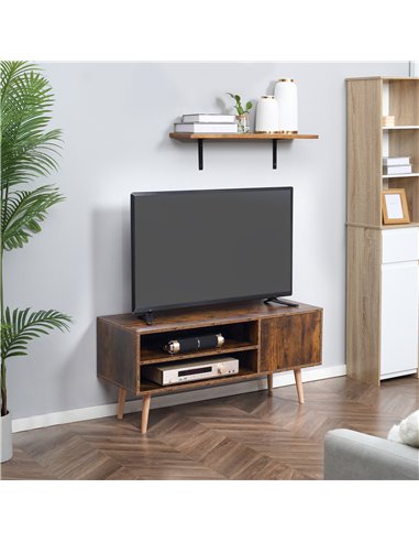 HOMCOM TV Stand Cabinet up to 55 Inches, TV Unit with Single Door and Open Shelves, Cable Holes for Living Room, Bedroom, Brown