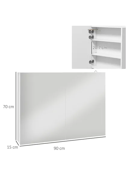 kleankin Bathroom Mirror Cabinet with Light, Bathroom Storage Cupboard with Adjustable Shelf, USB Powered, 90x15x70cm, White