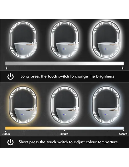 kleankin 700 x 500mm Bathroom Mirror with LED Lights Makeup Mirror with Anti-fog Touch, Switch, Vertical or Horizontal