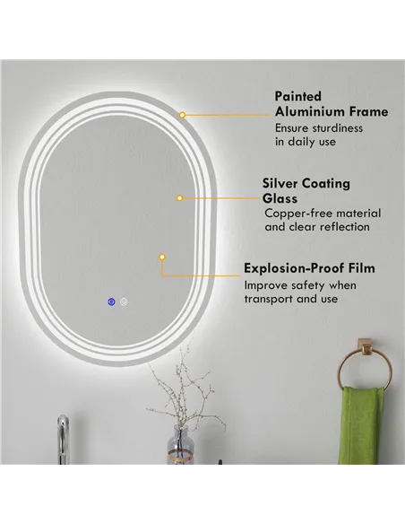 kleankin 700 x 500mm Bathroom Mirror with LED Lights Makeup Mirror with Anti-fog Touch, Switch, Vertical or Horizontal