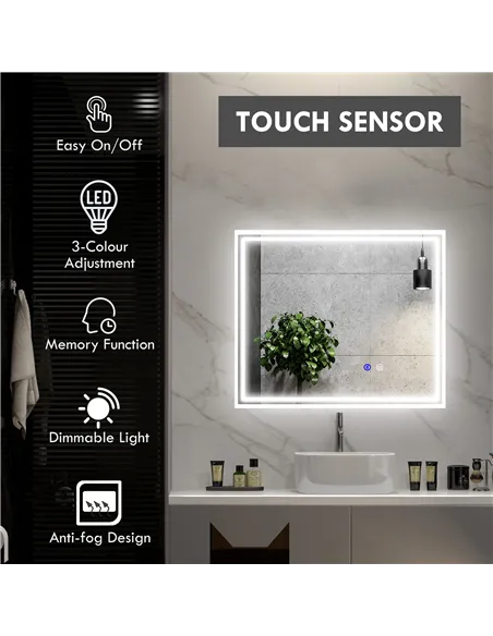 kleankin LED Bathroom Mirror with Lights, Illuminated Makeup Mirror, Vanity Mirror with 3 Colour, Smart Touch, Anti-Fog