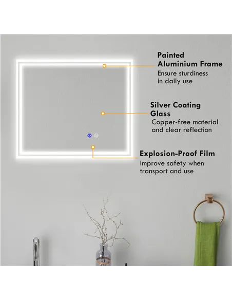 kleankin LED Bathroom Mirror with Lights, Illuminated Makeup Mirror, Vanity Mirror with 3 Colour, Smart Touch, Anti-Fog
