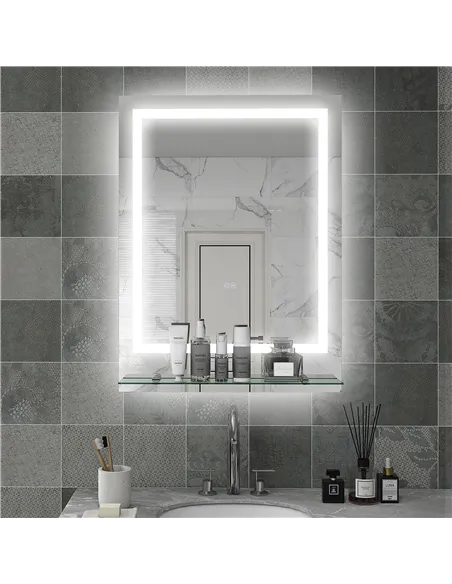 kleankin LED Bathroom Mirror with Lights and Shelf, Illuminated Makeup Mirror, Vanity Mirror with 3 Colour, Smart Touch, Anti-Fo