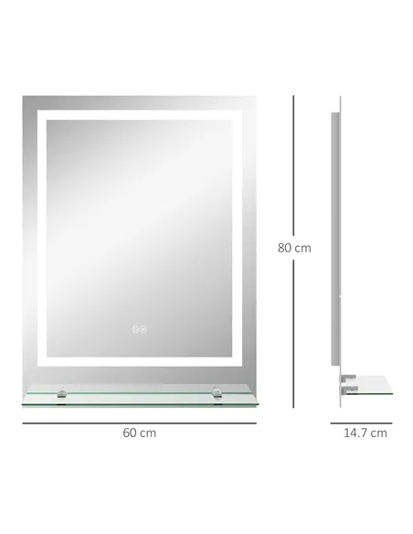 kleankin LED Bathroom Mirror with Lights and Shelf, Illuminated Makeup Mirror, Vanity Mirror with 3 Colour, Smart Touch, Anti-Fo