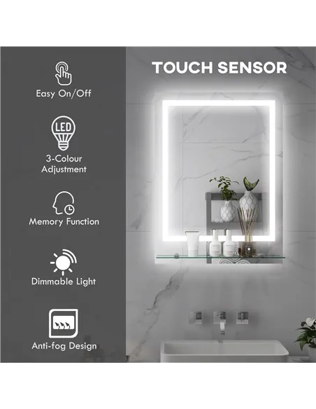 kleankin LED Bathroom Mirror with Lights and Shelf, Illuminated Makeup Mirror, Vanity Mirror with 3 Colour, Smart Touch, Anti-Fo