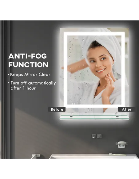 kleankin LED Bathroom Mirror with Lights and Shelf, Illuminated Makeup Mirror, Vanity Mirror with 3 Colour, Smart Touch, Anti-Fo