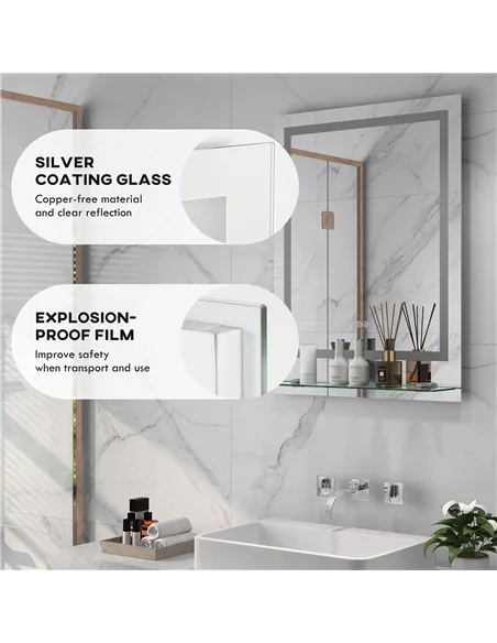 kleankin LED Bathroom Mirror with Lights and Shelf, Illuminated Makeup Mirror, Vanity Mirror with 3 Colour, Smart Touch, Anti-Fo
