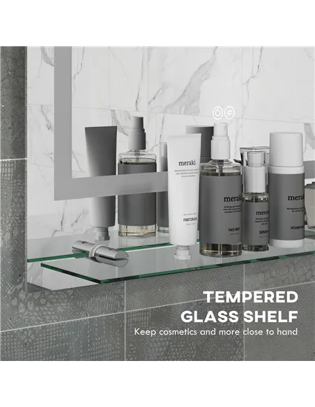 kleankin Large Vanity Mirror with Lights and Shelf, Illuminated bathroom Mirror with 3 Colour Brightness, Smart Touch, Anti-Fog
