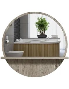 kleankin 45cm Round Home Mirror, with Shelf - Grey Wood-Effect