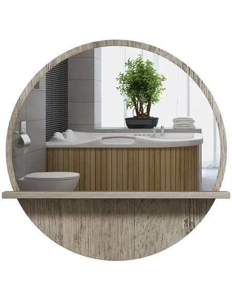 kleankin 45cm Round Home Mirror, with Shelf - Grey Wood-Effect