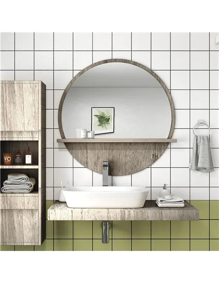 kleankin 45cm Round Home Mirror, with Shelf - Grey Wood-Effect