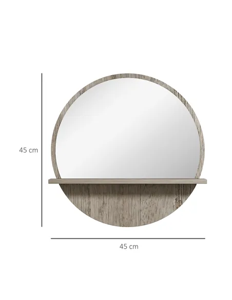 kleankin 45cm Round Home Mirror, with Shelf - Grey Wood-Effect