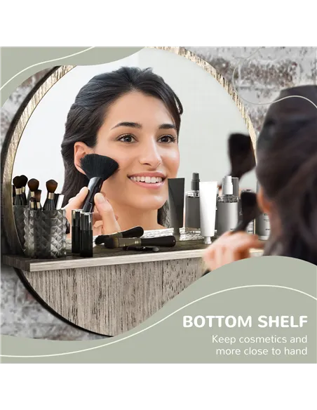 kleankin 45cm Round Home Mirror, with Shelf - Grey Wood-Effect