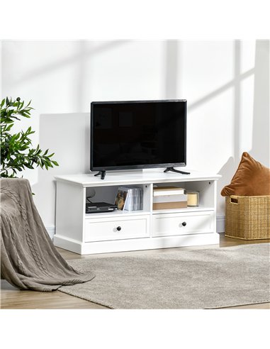 HOMCOM Modern TV Unit Cabinet for TVs up to 45 Inches, TV Stand with Drawers, Open Shelves, Cable Holes for Living Room, White