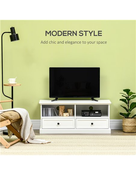 HOMCOM Modern TV Unit Cabinet for TVs up to 45 Inches, TV Stand with Drawers, Open Shelves, Cable Holes for Living Room, White