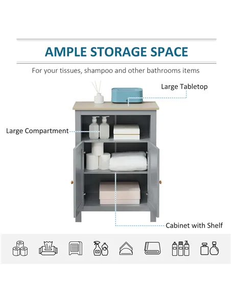 kleankin Bathroom Floor Cabinet, Free Standing Cupboard with Double Doors and Adjustable Shelf for Kitchen, Hallway, Living Room