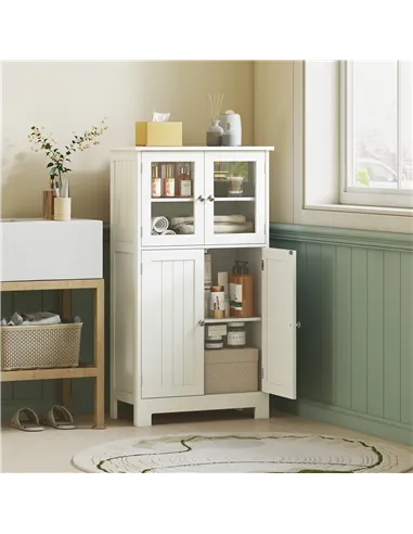 kleankin Bathroom Floor Cabinet, Freestanding Kitchen Cupboard with 2 Drawers, Adjustable Shelves and Tempered Glass Door, Woode