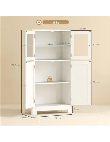 kleankin Bathroom Floor Cabinet, Freestanding Kitchen Cupboard with 2 Drawers, Adjustable Shelves and Tempered Glass Door, Woode